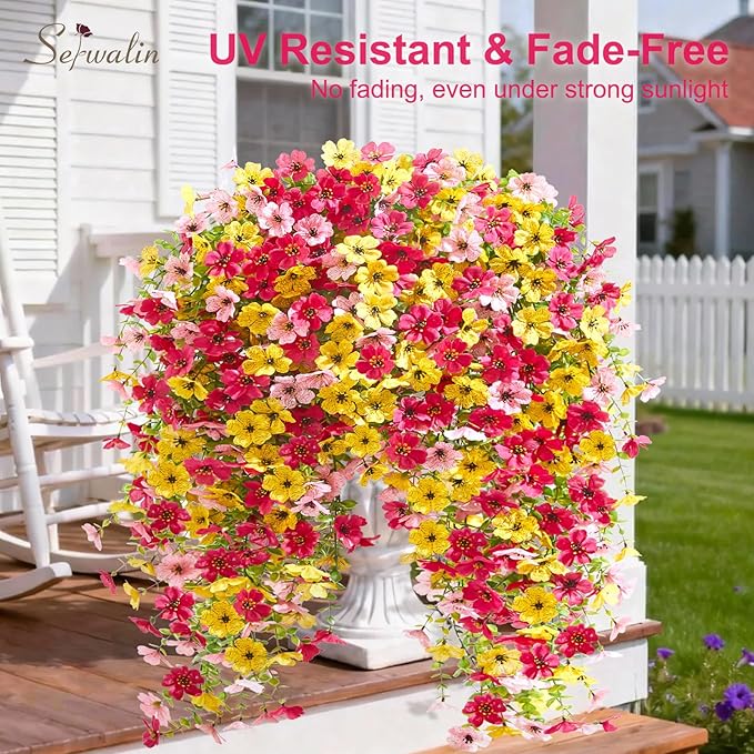Serwalin 6PCS Artificial Fall Flowers for Outdoors Decoration, Realistic Silk Artificial Fall Hanging Flowers for Patio, Garden, Porch, Window, Outside (Yellow, Hot Pink & Pink,6PCS)