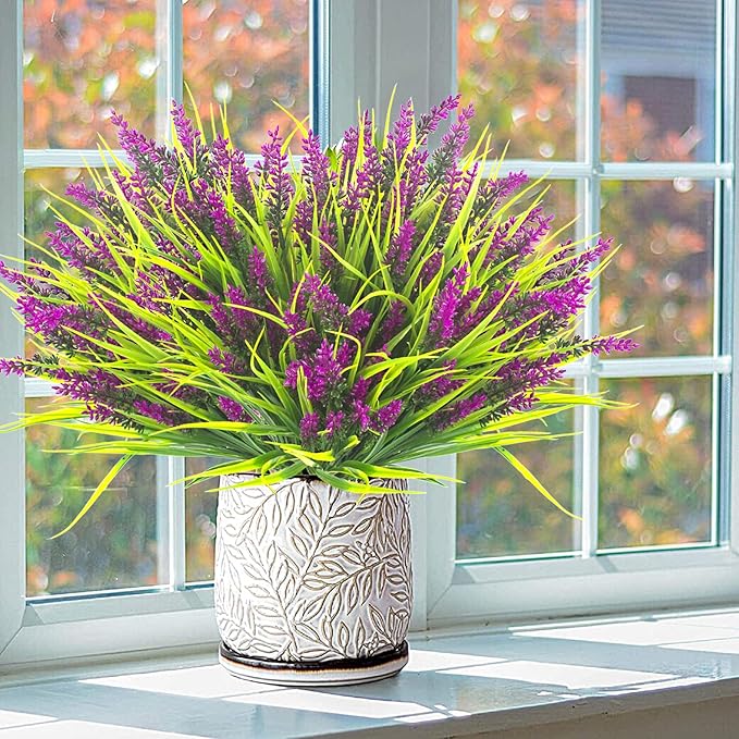 Grunyia 20 Bundles Artificial Plants Outdoor Fake Monkey Grass with Flowers (Fuchsia)