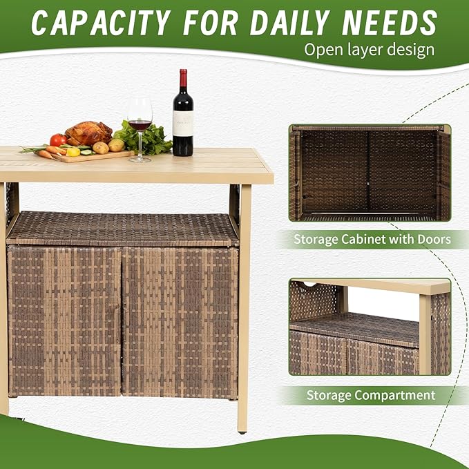 Outdoor Wicker Bar Cart, 35.43" Patio Wine Serving Cart with Plastic Wood Top, Rolling Rattan Beverage Bar Table with Wheels & Storage for Garden, Backyard & Poolside, Beige