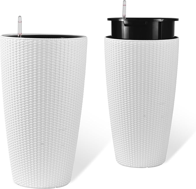 Vigo huseeo 22" Tall Planter Set of 2, Large Self Watering Pots for Indoor/Outdoor Plants with Drain Holes, Water Level Monitor, Inner Bucket for Front Porch Patio, White Rattan Conical