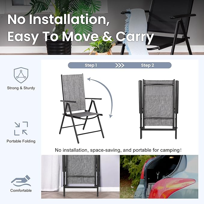 PHI VILLA Patio Folding Chairs Set of 4, Portable Outdoor Dining Chairs with Adjustable Backrest for Outside, Garden, Lawn & Yard, No Assembly, Grey