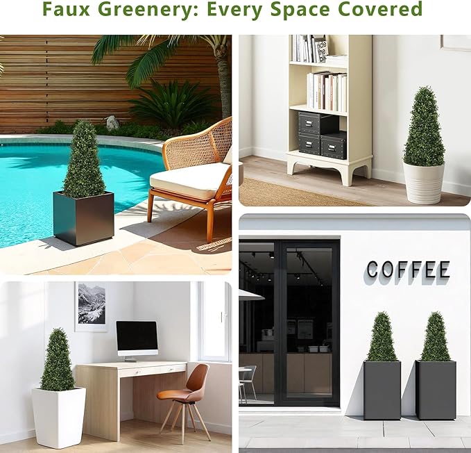 Azoco 3ft Artificial Boxwood Topiary Trees (Set of 2) - UV Resistant Faux Plants Outdoor, Realistic 36" Fake Cone Bushes and Shrubs for Front Porch, Planter, Patio - Low Maintenance & Evergreen