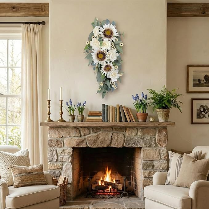 Summer Swag - 28” Sunflower, Peony, Rose Teardrop Swag for Front Door, Porch Wall, Window - Artificial White Flowers Teardrop Wreath for Home Spring, Summer, Fall, All Seasons, Everyday Decor (1)