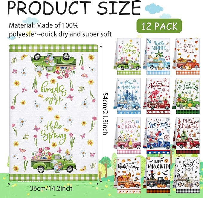 FuWeave 12 Pcs Seasonal Kitchen Towels Set for All Holidays Hand Dish Tea Towels Gift Bulk Valentine's Day Absorbent Dishcloths Housewarming Gift for Cooking Kitchen Bathroom(Truck Style)