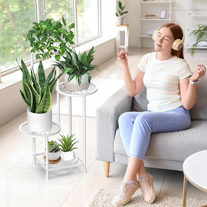 YOCOMEY 4 Tier Plant Stand Outdoor Indoor, Metal Flower Shelf Display Holder, Multiple Plants Corner Tall Flower Holders for Patio Balcony Porch Garden Living Room (White)