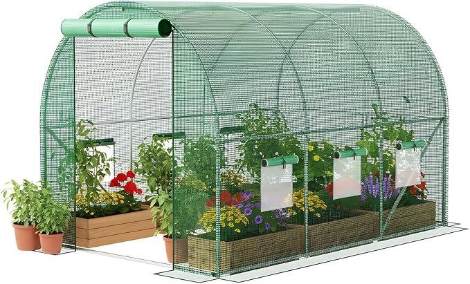 Superlele Heavy Duty Walk-in Greenhouse for Outdoor, 10x6.6x6.6FT Tunnel Greenhouse, Large Garden Green House with Reinforced PE Mesh Cover, 6 Windows with Screen, Stakes and Ropes, Green