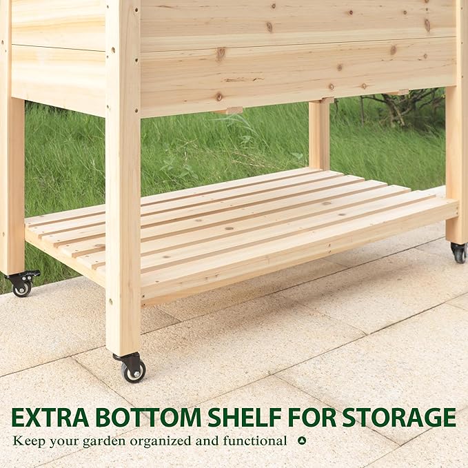 BlueWish 48" W x 24" D x 33" H Planter Boxes Outdoor, Cedar Garden Bed with Detachable Black Liner, Drainage Holes, Storage Shelf, Raised Beds for Gardening, Vegetable, Flower