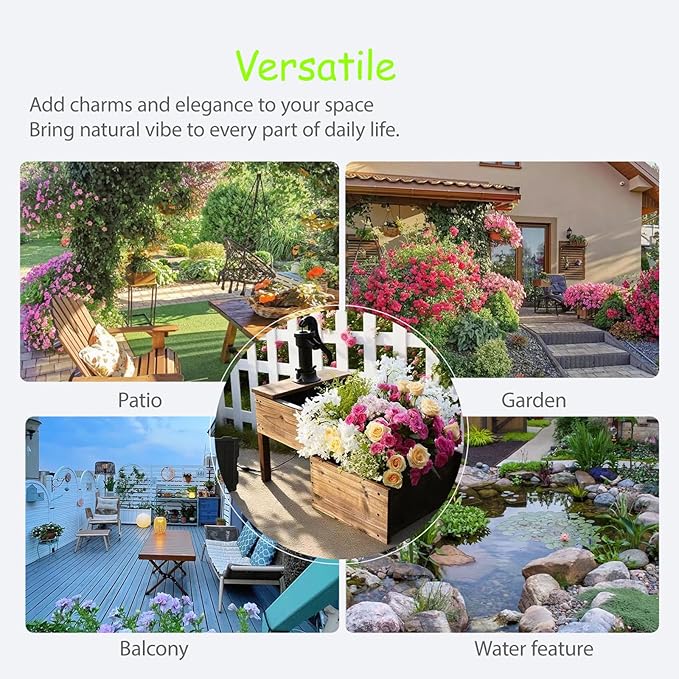 Outdoor Water Fountain，Floor Wooden Rectangular Double-Layer Old-Fashioned Pump Fountain with Flower Box，Solar-Powered Electric Decorative Hand Pump，Outdoor Water Feature for Garden Patio Backyard