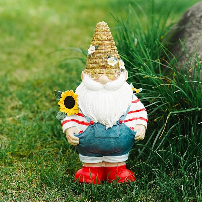 Topadorn Garden Gnome Statue with Sunflower Weather-Resistant Resin Garden Gnome Sculpture for Outdoor Yard Decor,Lawn Ornament and Gift for Garden Lovers