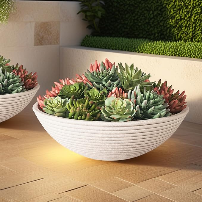 TerraDeco 18 - inch Handmade Classic Bowl - Concrete Planter (2 Packs) | Concrete Composite | Ideal for Succulents, Courtyard Pillars & Staircase Corners