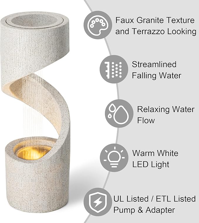 Glitzhome Decorative Tiered Outdoor Water Fountain with LED Light Vintage Curved Waterfall Fountain with Stone Planter Rustic Faux Terrazzo Spiral Shaped Fountains for Garden Patio Deck Porch, 40.25”H