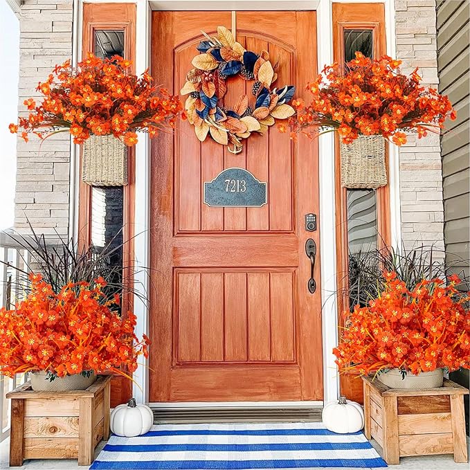 Grunyia 20 Bundles Artificial Fall Flowers Outdoor,No Fade Fake Plastic Flowers,Faux Autumn Plants for Indoor Outside Garden Porch Window Box Home Wedding (Fall Orange)