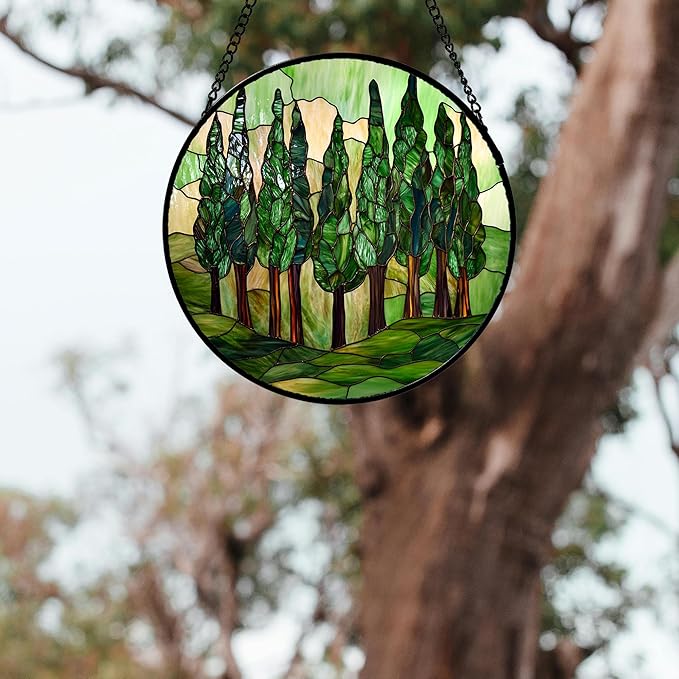 Stained Glass Window Hanging 4 Pcs Set Forest Green Trees Winter Snow 7.8" - Suncatcher Door Garden Sun Catcher Home Decor Birthday Mother's Day for Woman Nana Mom Men