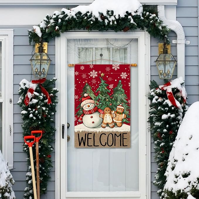 Welcome Winter Snowman Gingerbread Man Pine Trees Christmas House Flag large 28X40 Inch Big Vertical Double Sided Yard Outdoor Outside Holiday Decoration