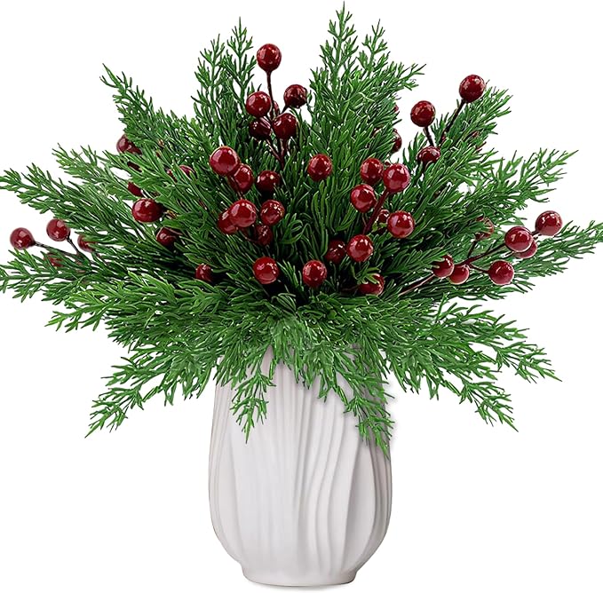 MEMOVAN 45PCS Christmas Norfolk Pine Branches with Red Berry Stems Artificial Christmas Green Pine Stem Faux Cedar Pine Needles with Holly Berries Greenery Pines Picks Sprays for Vase Xmas Tree Wreath
