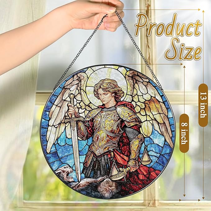 Stained Glass Suncatcher, Archangel Michael Sun Catcher Ornament; Stained Glass Window Hanging, Warrior Angel Window Decor, Spiritual Protection Decor, Christmas Ornament; Christian Religious Gifts
