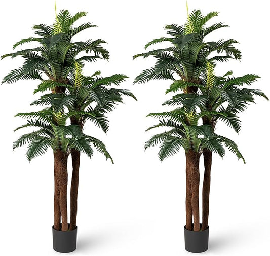 Goplus 2 Pack Artificial Palm Tree, 6.3 ft Tall Fake Tropical Plant with 45 + 3 Adjustable Leaves, 3 Real Barks & Moss, Indoor Faux Pre-potted Floor Plant for Home Office Decoration, Housewarming Gift