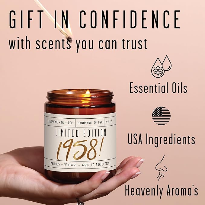 68th Birthday Gifts for Women - 'Limited Edition 1958' Soy Candle, w/Champagne on Ice I 68th Birthday Gift for Her Ideas I 9oz Reusable Jar, 50Hr Burn, Made in USA