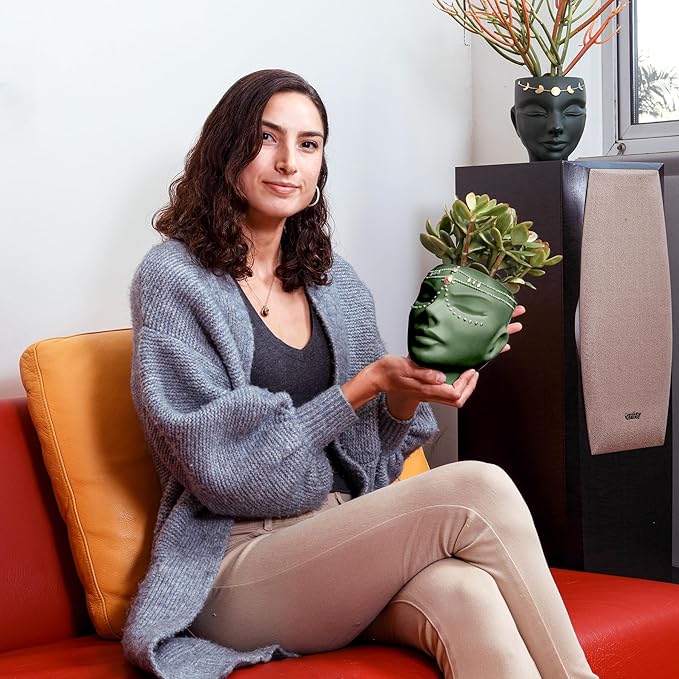 Head Planter - Indoor & Outdoor Home Decor Gifts for Plant Lovers - for Flat Surface or Wall Mount - Unique Face Planter for Flowers, Succulents, & More (7 inch, Serena Design, Green)