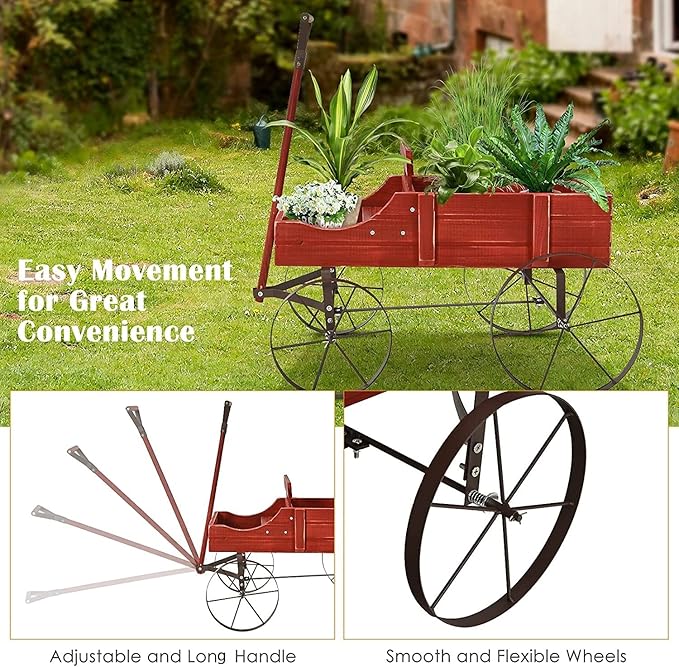 Goplus Wagon Planter, Decorative Wooden Garden Planter with Wheels, 2 Planting Sections and Adjustable Handle, Indoor Outdoor Backyard Balcony Decor (Red)
