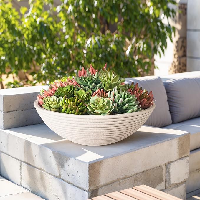 TerraDeco 18 - inch Handmade Classic Bowl - Concrete Planter (2 Packs) | Concrete Composite | Ideal for Succulents, Courtyard Pillars & Staircase Corners