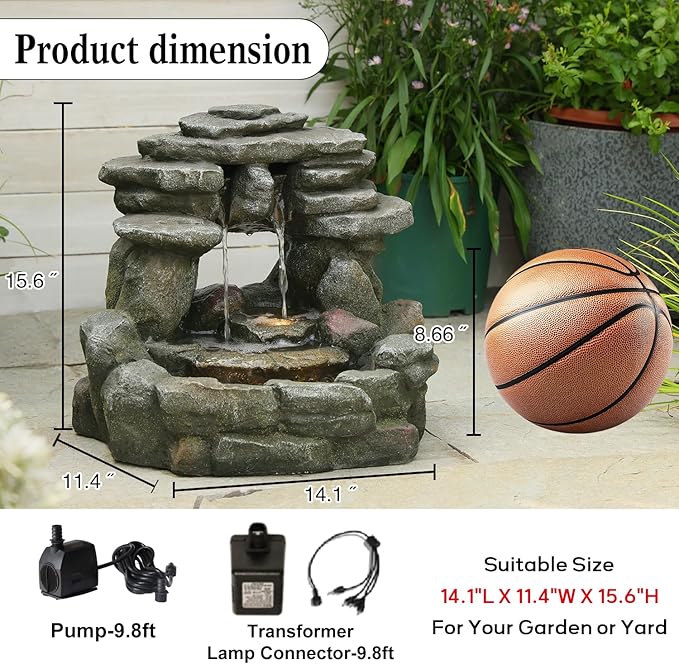 15.6" H Small Garden Outdoor Rock Water Fountain with LED Lights, 3-Tier Cascading Waterfall Fountain for Patio, Porch, Backyard & Indoor Home Decor