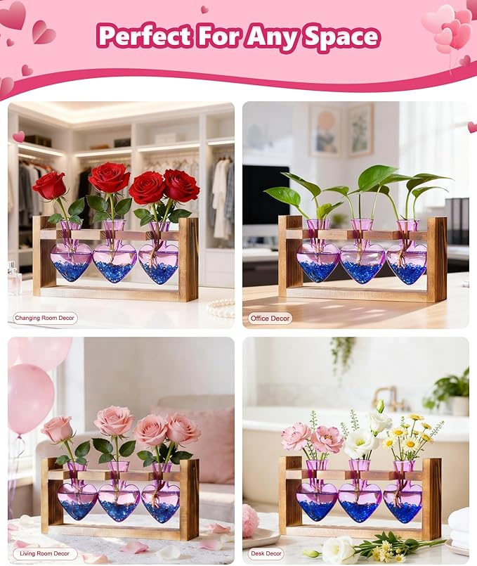 Nacome Plant Terrarium Propagation Stations: Valentines Day Gifts for Her Plant Lovers Women Mom Wife Daughter - 3 Bulb Glass Vase with Wooden Stand Tabletop for Hydroponics Indoor Home Decor(Purple)