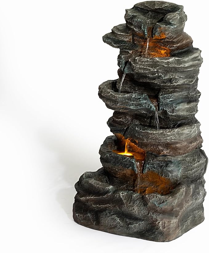 6-Tier Outdoor Cascading Stone Water Fountain, 35" H Freestanding LED Rock Waterfall with Natural Stone Appearance and Lights, Resin Water Feature for Garden Patio Yard Deck