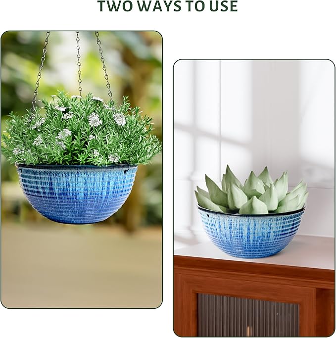 LESOASIS 10inch Hanging Planters for Indoor and Outdoor Plants, 2 Pack Hanging Planter with Drainage Hole, Round Hanging Flower Pots for Garden Home Decor (Blue Glaze)