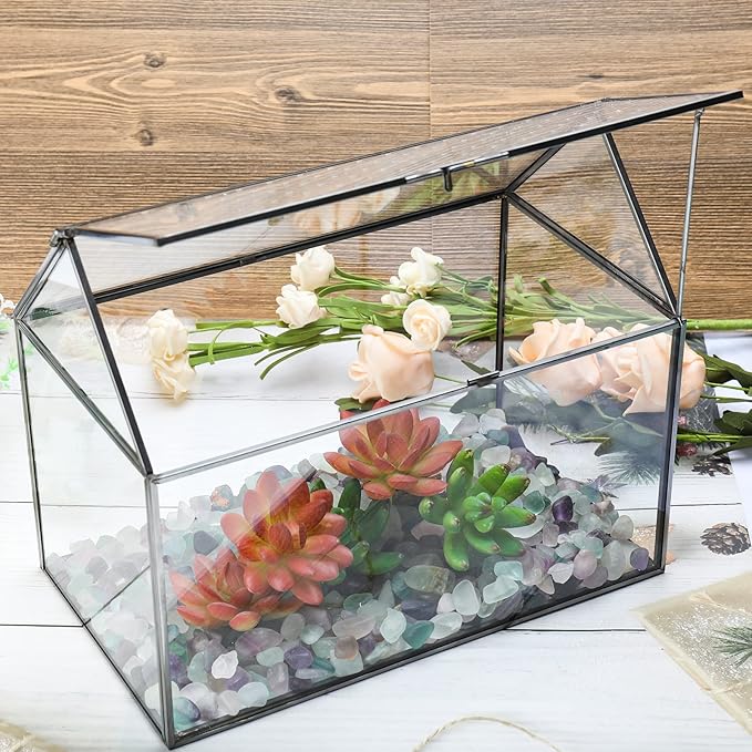 HighFree Geometric Glass Terrarium with Acrylic Lid, House Shape Black Terrarium with Breathing Holes for Snails, Succulent, Cacti, Air Plants, 10.3x8.3x5.9 inch (Terrarium Only)