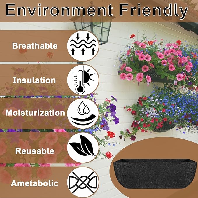 1-Pack 24in Planter Liners - Breathable Felt Hanging Basket and Window Box Liners - Prevent Root Suffocation and Bird Damage - Black