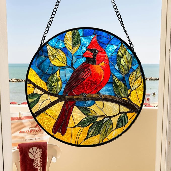 DASTOLL Stained Glass Window Hanging, Blue Sky Cardinal Sun Catchers Colorful Glass Panel Red Birds Suncatcher Decor for Birthday for Women, Men, Wife, Aunt, and Mom 14.9x14.9 in