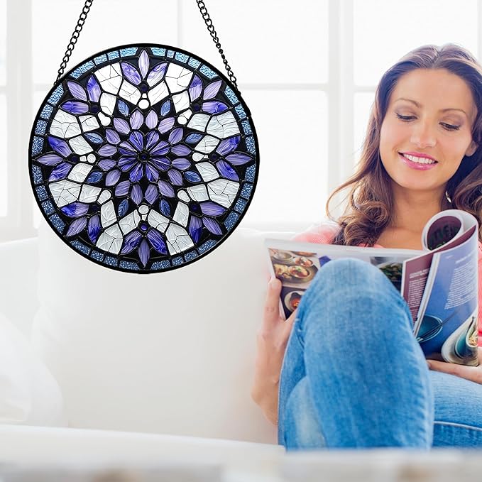 AMDERVEN Stained Glass Window Hanging, Purple Blue Tiffany Style Flowers Sun Catcher for Window Door Home Decor Suncatcher Christmas Mother's Day Birthday Gifts for Women Men Mom Nana 7.8 in