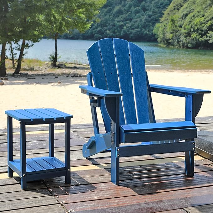 Folding Adirondack Chair Set with Side Table - HDPE Outdoor Patio Chairs, Weatherproof Chair with Reclining Back, Cup & Phone Holder, and 2-Tier Storage End Table for Firepit or Garden (Blue)