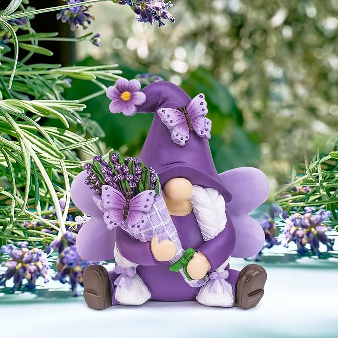 Spring Decor Lavender Gnomes, Fairy Garden Gnomes Resin Figurines Purple Home Decor Indoor Outdoor Spring Decorations, Lavender Gifts for Women