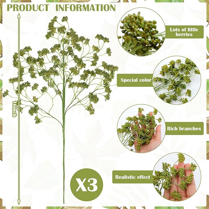 3 Pcs Green Faux Berry Stems Artificial Dusty Sedum Berry Stems Picks Branches Faux Spray for DIY Holiday Farmhouse Home Mantel Harvest Decorations (16 Inch)