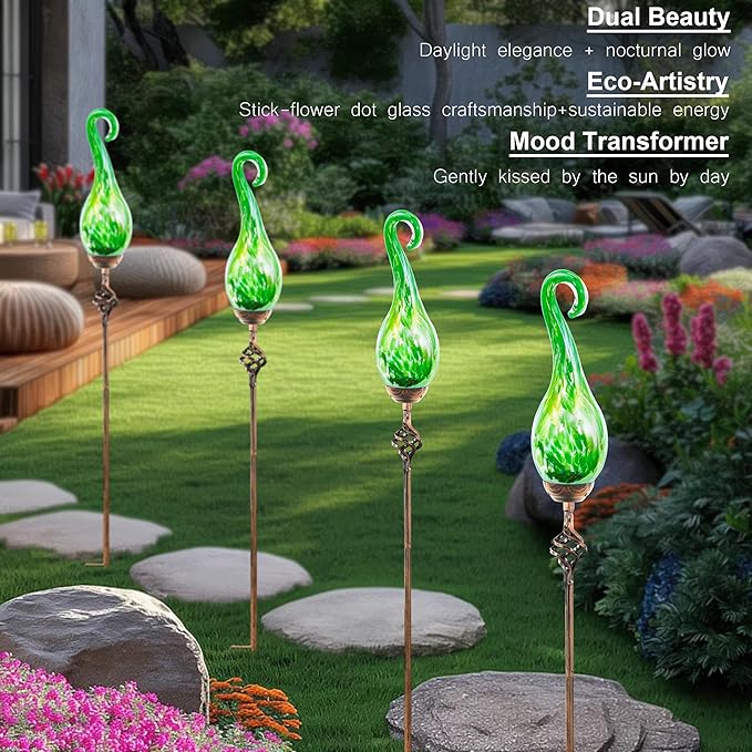 Naboher Garden Solar Lights Outdoor, Decorative LED Pearlized Glass Spiral Garden Stake with Finial, Hand Blown Glass and Metal Outdoor Decoration, 3 x 36 Inch (Green)