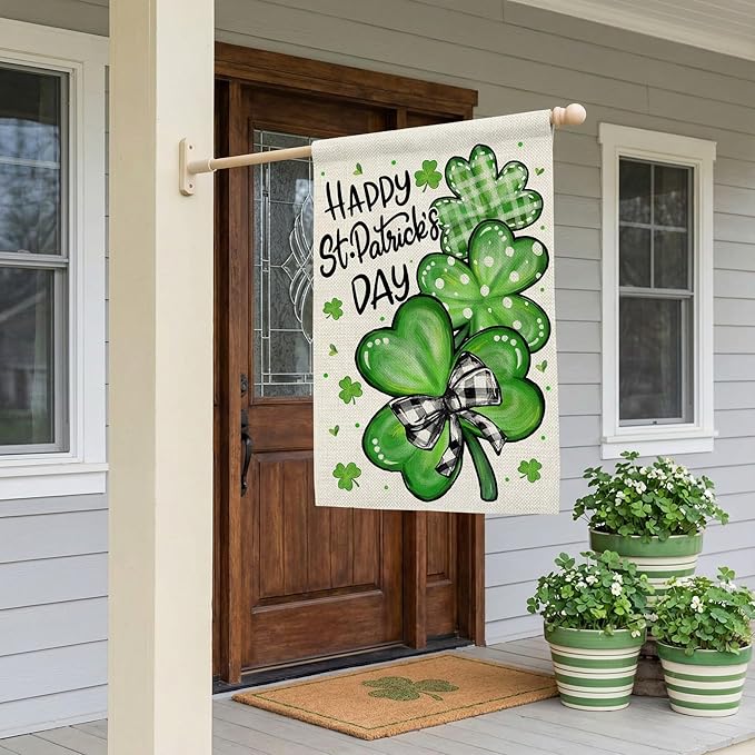 CROWNED BEAUTY St Patricks Day Shamrocks House Flag 28x40 Inch Double Sided Green Decoration for Outside Yard CF1928-40