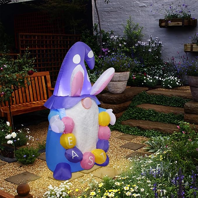 Juegoal Easter Gnome Inflatables Decorations, 4 FT Lighted Blow Cute Bunny Gnome with Eggs, Indoor Outdoor Cute Rabbit Easter Holiday Party Decor, Light Up for Lawn Yard Garden