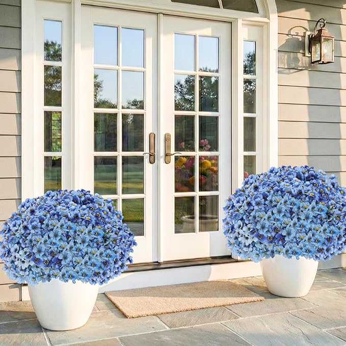 60 Pack Artificial Flowers Outdoor, Faux Silk Flowers for Outdoors Outside Front Porch Hanging Planter Window Box Garden Decoration(Blue)