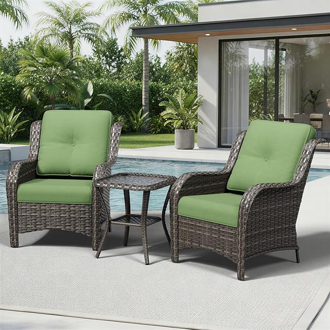 Joyside 3 Piece Wicker Patio Furniture Set, Rattan Patio Chairs with High Back, Deep Seating, Wide Armrest, Thickened Cushions, Outdoor Furniture for Deck, Porch Use