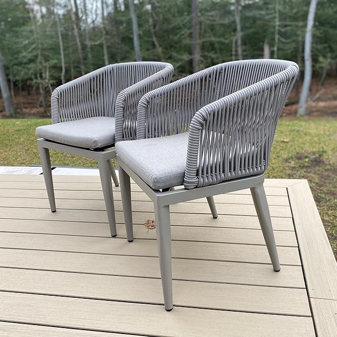 PURPLE LEAF 2 Pieces Outdoor Dining Chair All-Weather Wicker Aluminum Frame Patio Dining Chair for Lawn Garden Backyard Deck with Cushion, Champagne Armchair