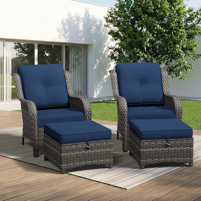 4 Piece Outdoor Wicker Patio Furniture Set, Patio Chairs Set with Thickened Olefin Cushions, High Back and Deep Seating, Hand-Woven PE Rattan, Ottoman for Porch, Deck, Blue