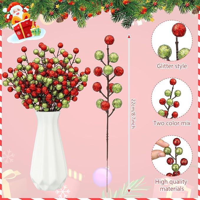 24 Pcs Christmas Glitter Berries Stems, 8.8" H Artificial Christmas Picks for Xmas Tree Ornaments, Holiday Wreath DIY Crafts, Xmas and Home Decor(Red, Green)