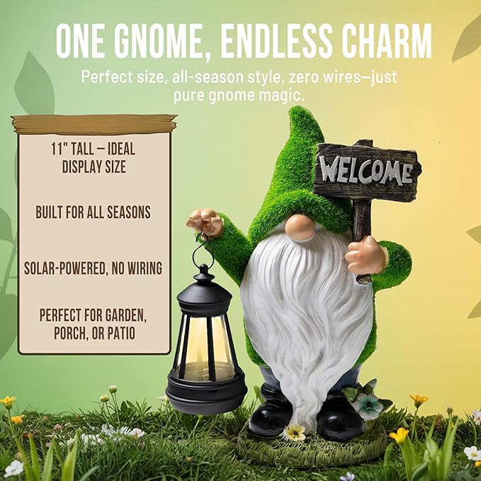 Garden Gnomes Outdoor with LED Solar Light - 11’’ - Original Design - Funny Gnome Decorations, Ornaments - Home, Yard, Patio, Solar Lantern Garden Statues - Housewarming Gift, Birthday & Holiday Gifts