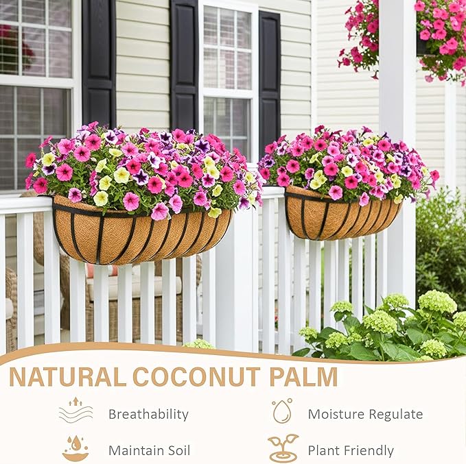Window Box Railing Planter with Coco Liner 2 Pack 24 Inch Metal Hanging Flower Planter Deck Railing Planters Boxes for Balcony Outdoor Plants Fence Porch Patio