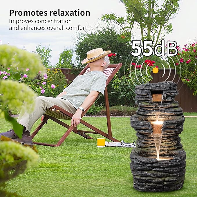 3 Tier Cascading Rock Water Fountain Outdoor Garden,28.74" H Natural Look Outdoor Fountains and Waterfalls with LED Lights for Patio, Deck, Porch, Backyard, Outside and Indoor Home Decor