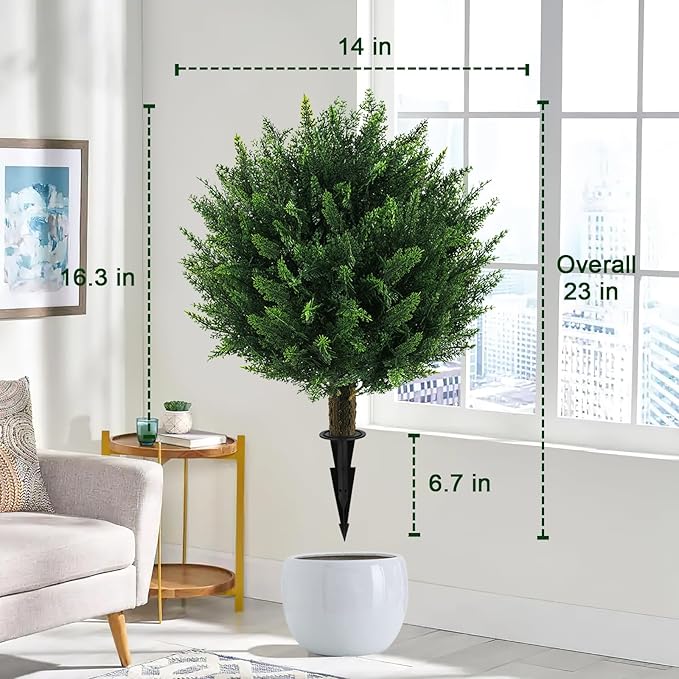 Artificial Cedar Topiary Ball Tree with Ground Spike, Set of 2 UV Resistant Artificial Bushes for Outdoors Faux Shrubs, Weatherproof Fake Round Cypress Ball Bushes Plant for Front Porch