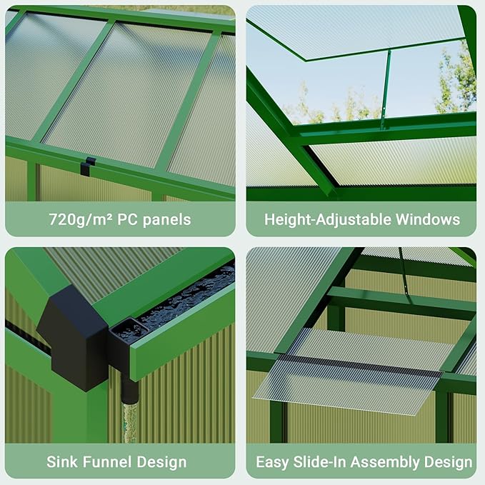 6X8 FT Greenhouse, Polycarbonate Garden Greenhouse for Outdoors,Aluminum Frame Green House with Lockable Door and Adjustable Roof Vent, Ideal for Backyard Patio and Outside Growing