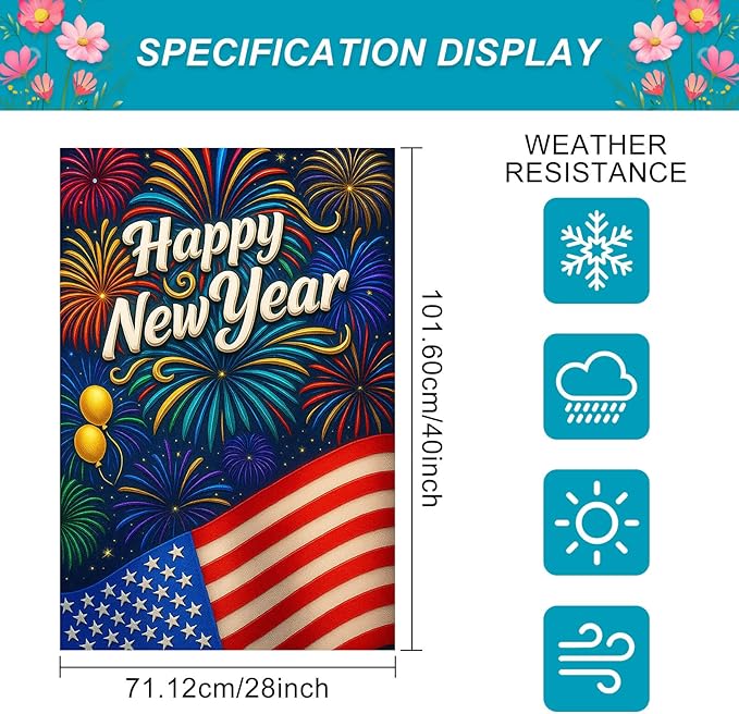 Happy New Year House Flag 28x40 Inch Double Sided Garden Flag American Flag and Fireworks Design Winter Holiday Yard Banner Large Outdoor Polyester Flag for Porch Lawn Home Decoration